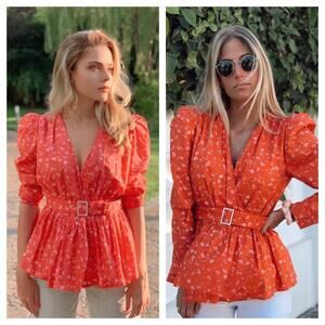 Zara Red Floral Blouse XS Puff Sleeve Peplum Rhinestone Belt 4786/284 Coquette